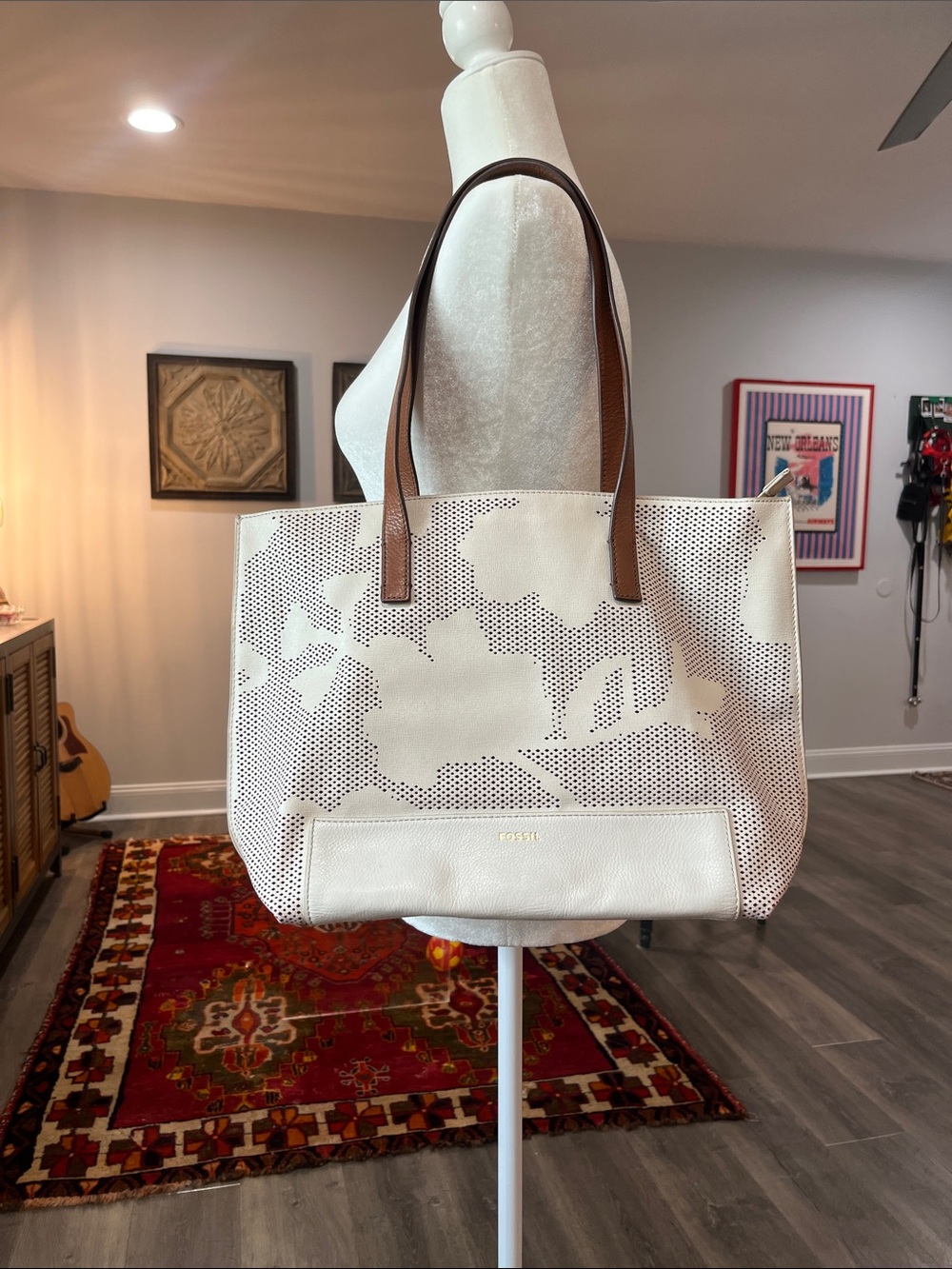 Fossil White Floral Perforated Leather Tote